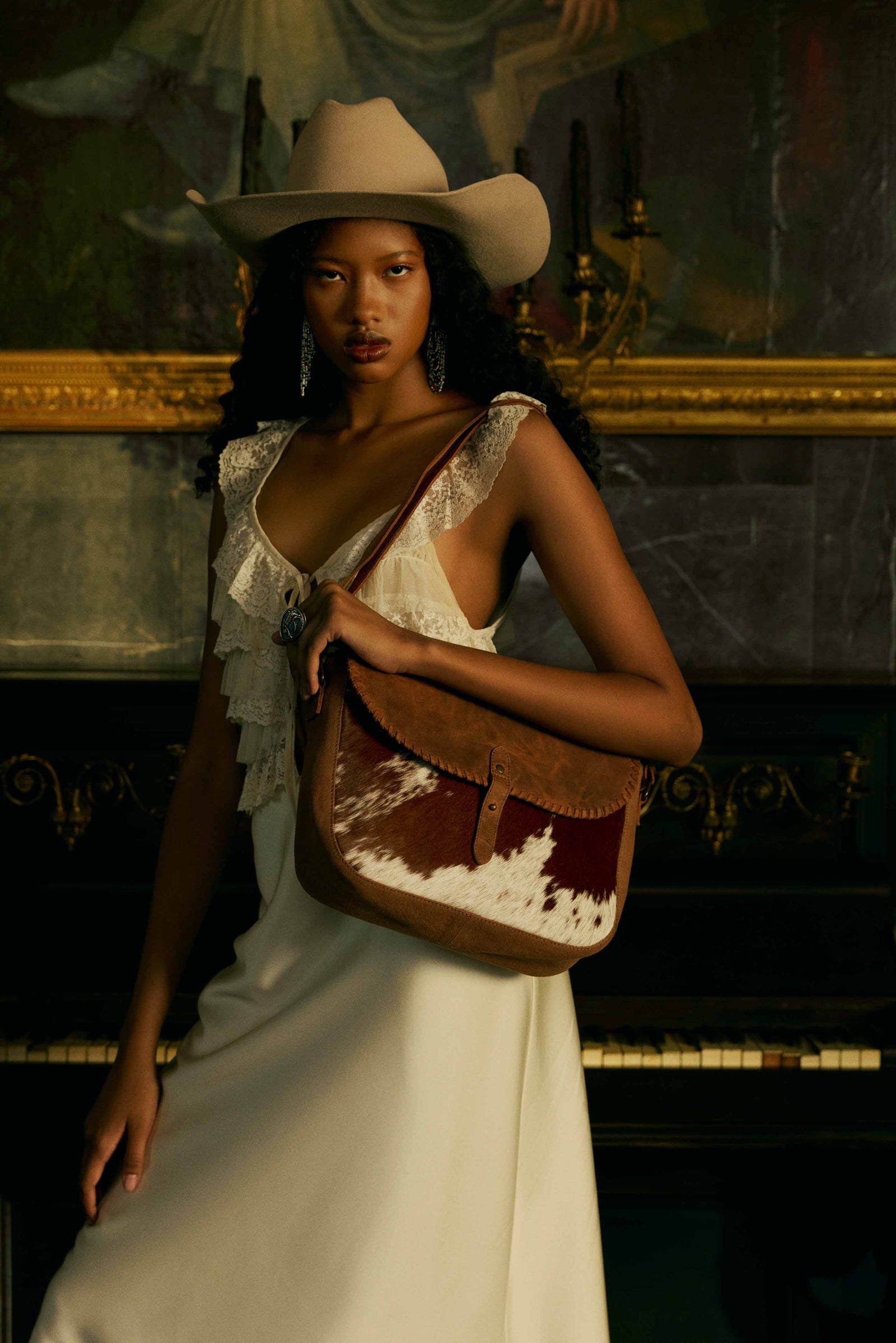 Honey Field Hairon Leather Messenger Bag in Sable Mist