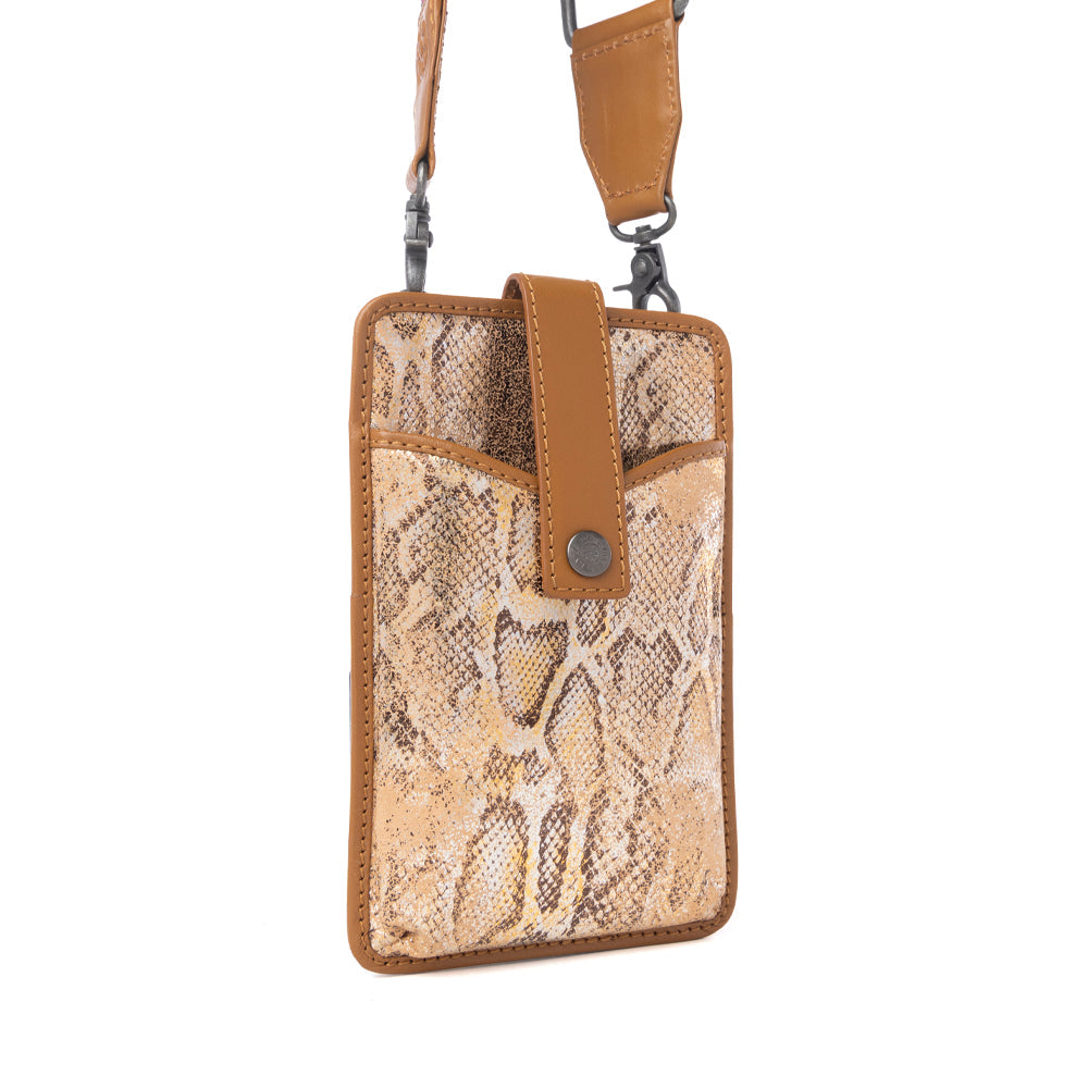 Cedar Snake Print Leather Cell Phone Holder in Toffee Patch