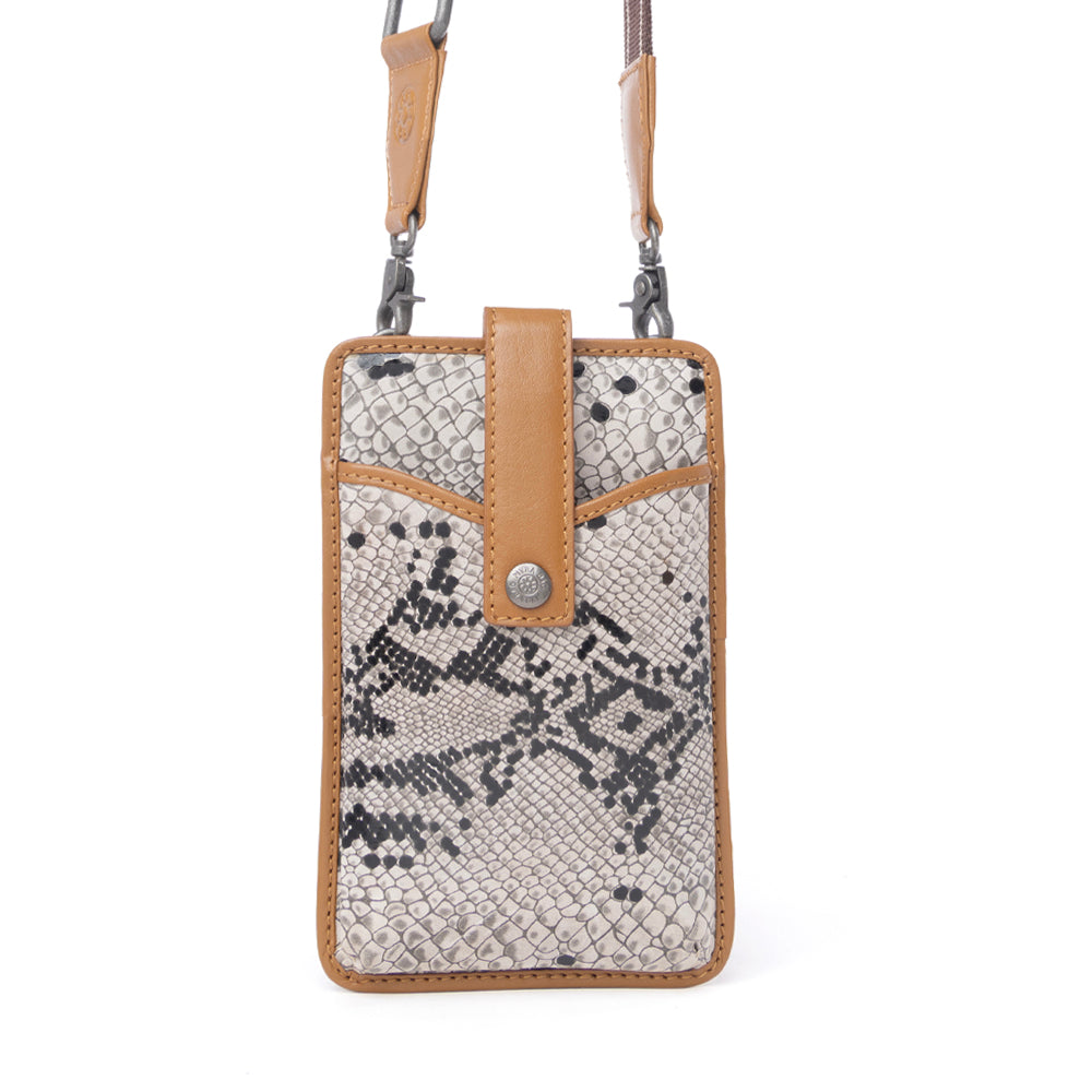 Cedar Snake Print Leather Cell Phone Holder in Ebony Cream