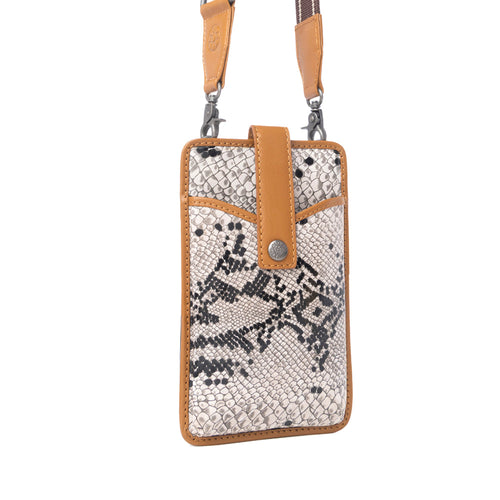 Cedar Snake Print Leather Cell Phone Holder in Ebony Cream