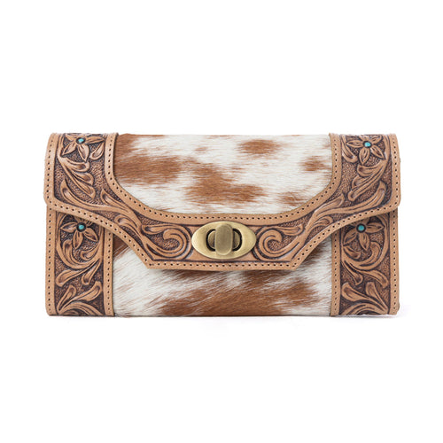 Fern Pass Handtooled Hairon Leather Women’s Wallet in Warm Caramel