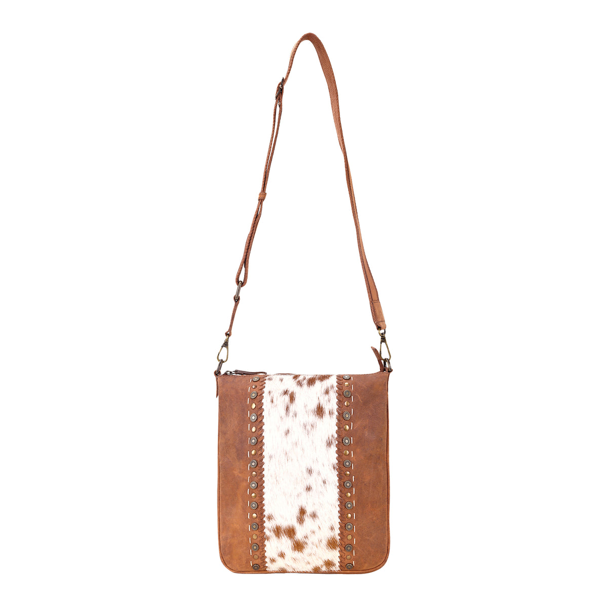 Sunridge Crossbody Bag for Women in tan with hair on and studs