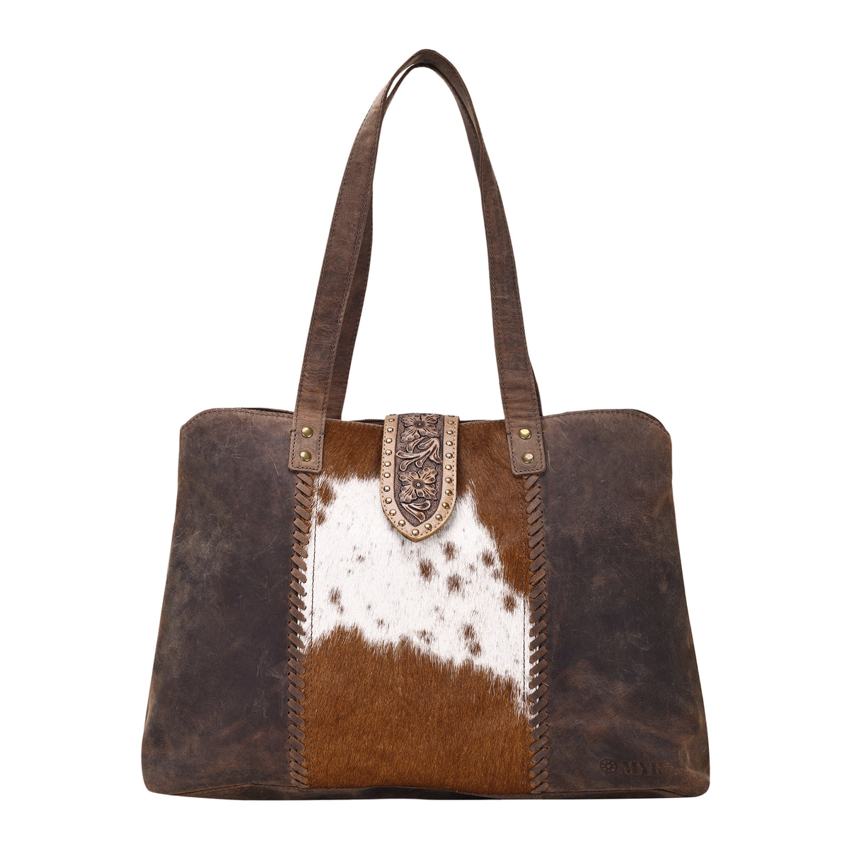 Thornbluff Laptop Bag in brown with hair on and hand tooled flap