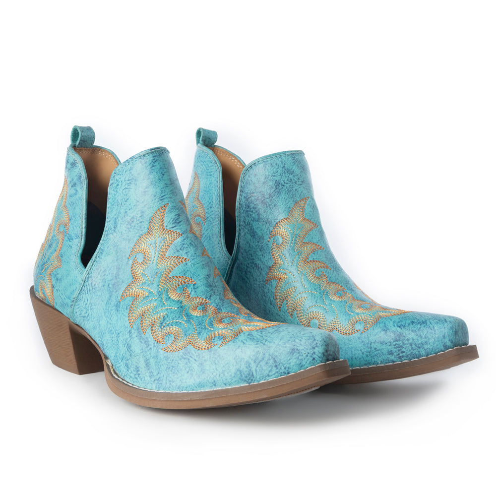 Tempest Embroidered Cowgirl Booties in Turquoise for Women in Genuine Leather with Snip Toe