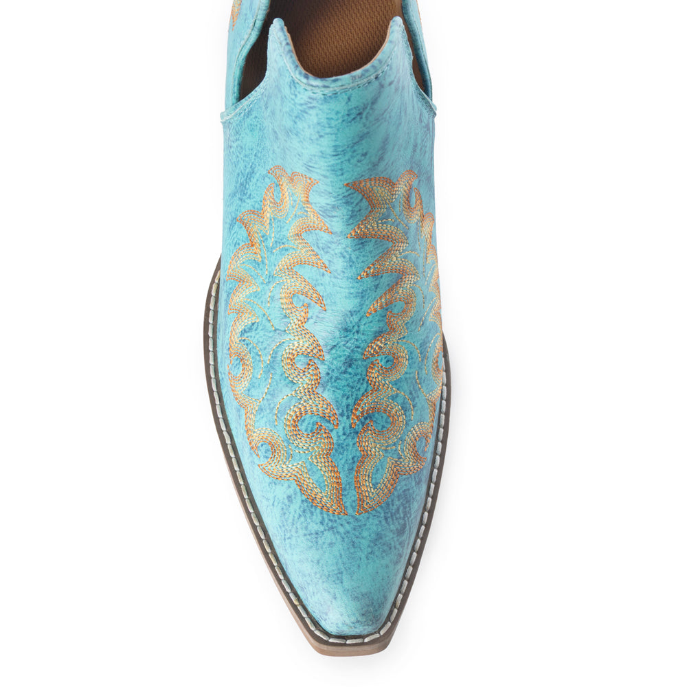 Tempest Embroidered Cowgirl Booties in Turquoise for Women in Genuine Leather with Snip Toe