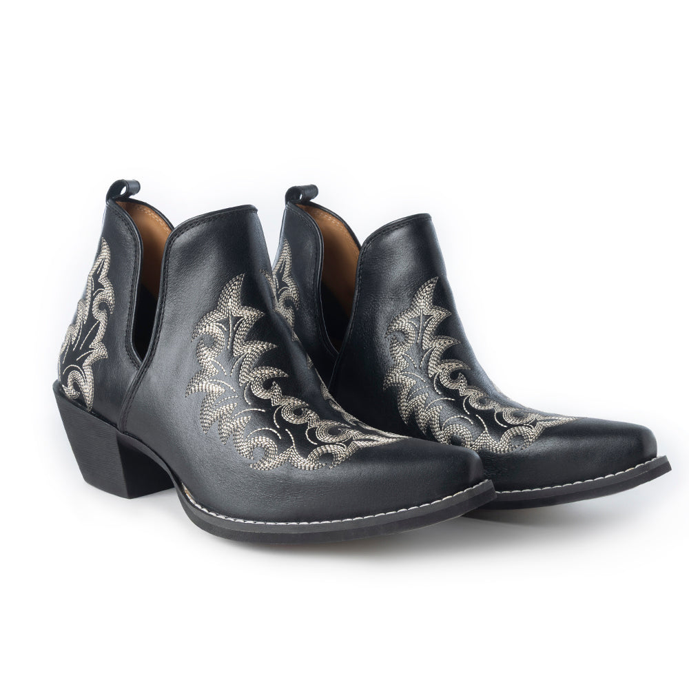 Tempest Embroidered Cowgirl Booties in Onyx for Women in Genuine Leather with Snip Toe