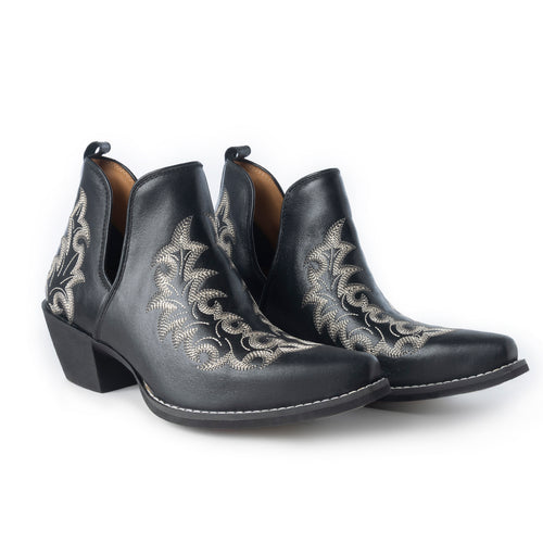 Tempest Embroidered Cowgirl Booties in Onyx for Women in Genuine Leather with Snip Toe