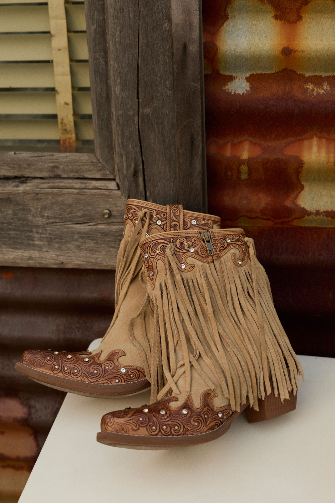 Nashville Nights Fringe Boots for Women in Ember, Handtooled Genuine Leather with Swarovski Stones