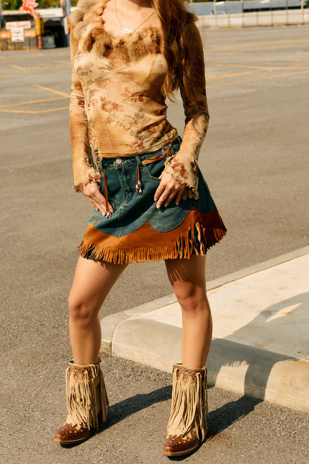Nashville Nights Fringe Boots for Women in Ember, Handtooled Genuine Leather with Swarovski Stones