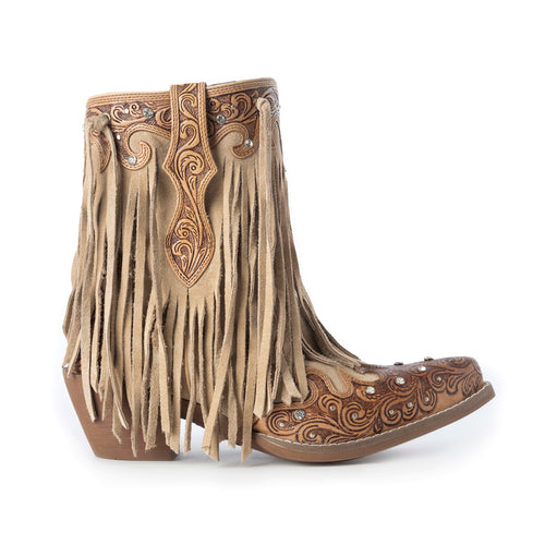 Nashville Nights Fringe Boots for Women in Ember, Handtooled Genuine Leather with Swarovski Stones