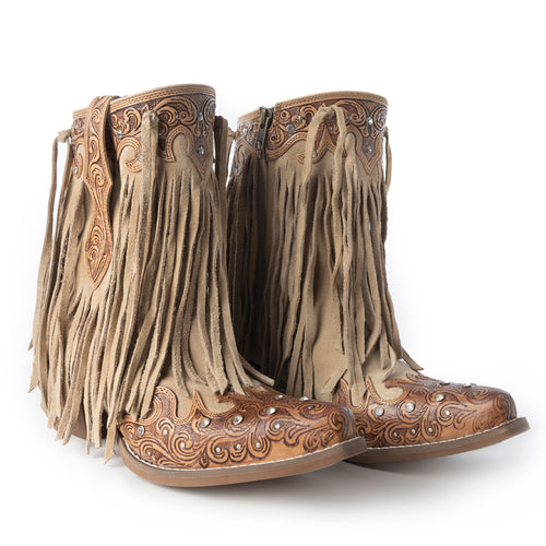 Nashville Nights Fringe Boots for Women in Ember, Handtooled Genuine Leather with Swarovski Stones