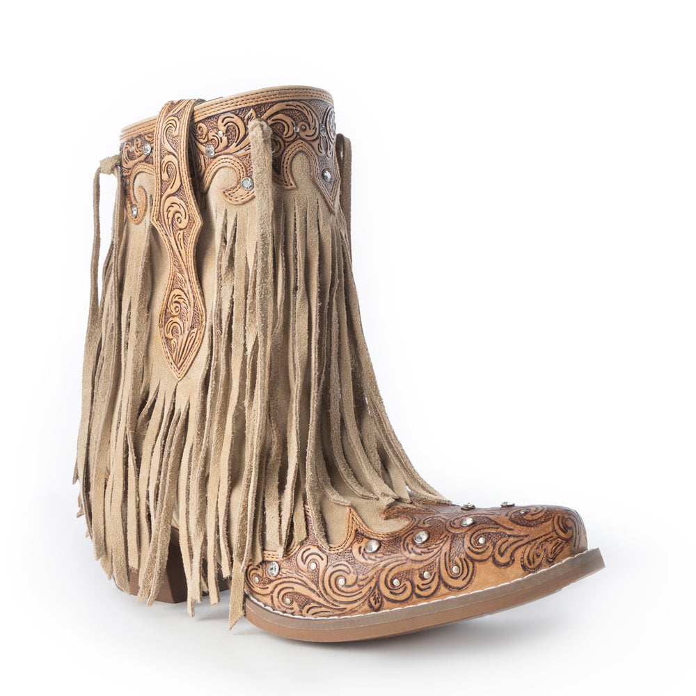Nashville Nights Fringe Boots for Women in Ember, Handtooled Genuine Leather with Swarovski Stones