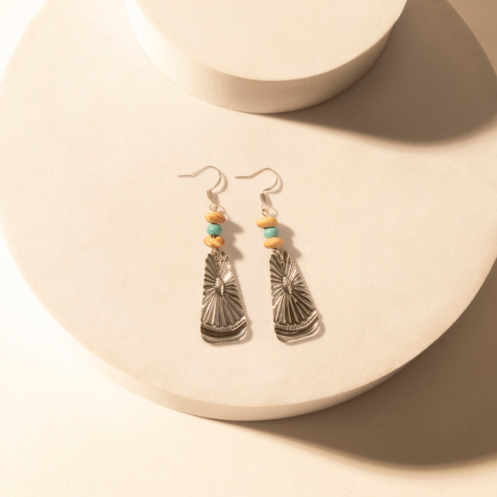 Sedona Sun Dangle Earrings for Women with turquoise tooled detail for everyday western wear