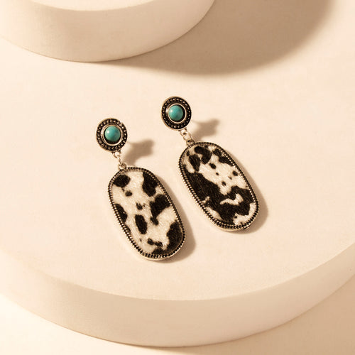 Wild Hide Dangle Earrings for Women with turquoise and cowhide print detail for premium western wear