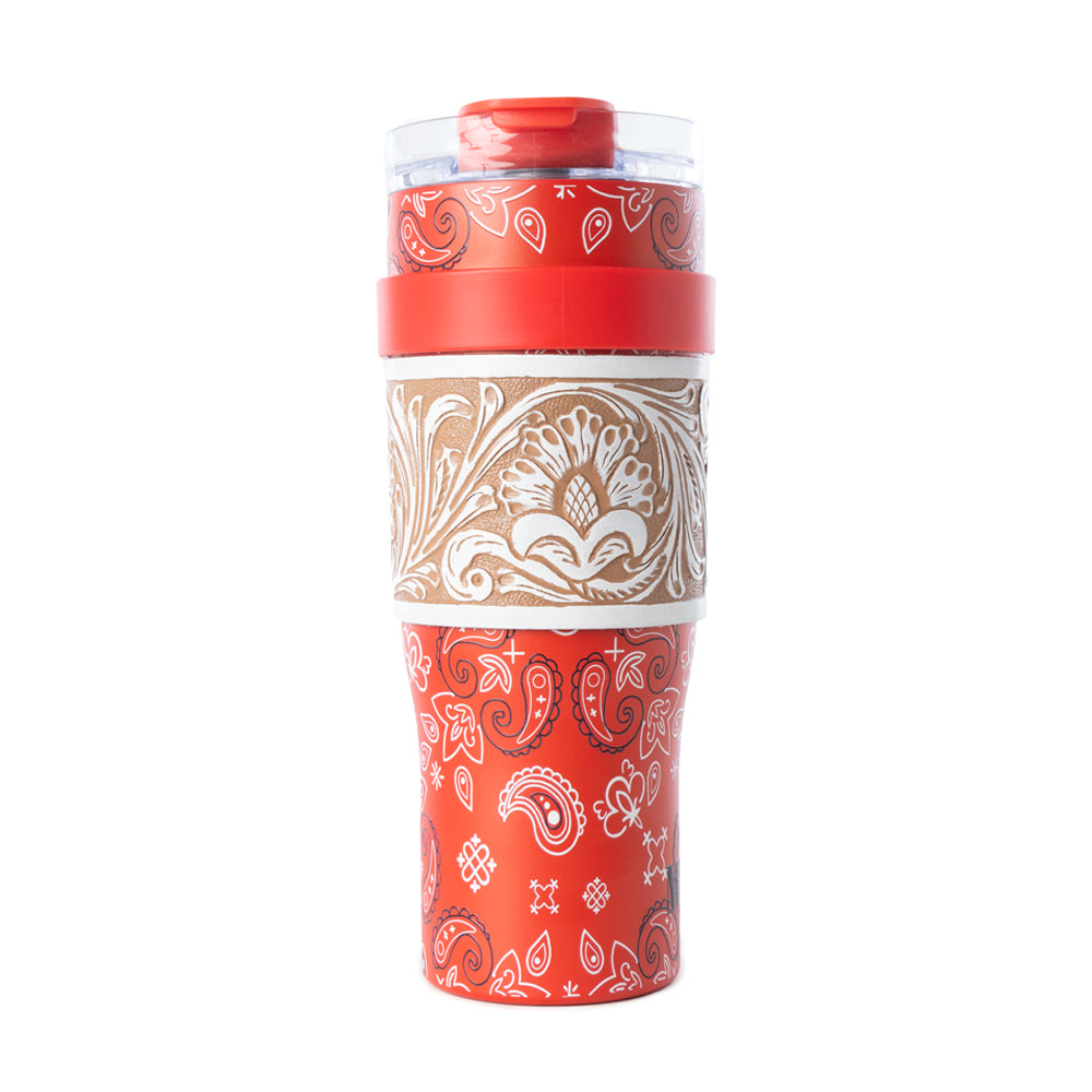Bandana Tooled Western Tumbler in Red Stainless Steel with Handtooled Leather and Handle for Use