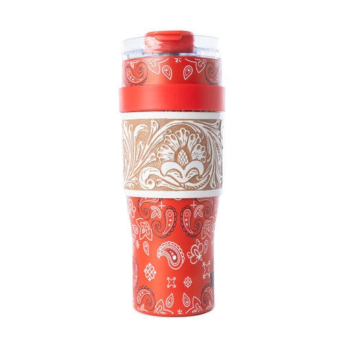 Bandana Tooled Western Tumbler in Red Stainless Steel with Handtooled Leather and Handle for Use