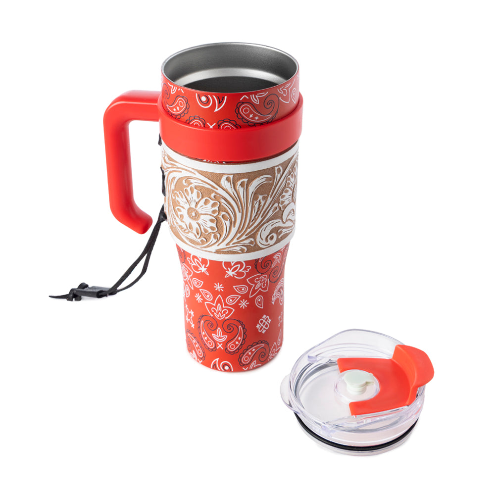 Bandana Tooled Western Tumbler in Red Stainless Steel with Handtooled Leather and Handle for Use