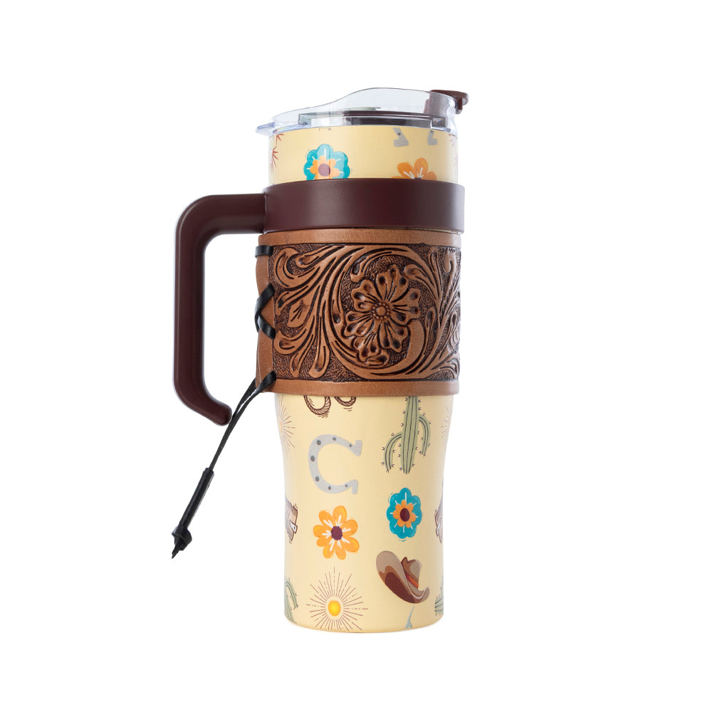 Trailkissed Western Tumbler in Yellow Stainless Steel with Leather Wrap and Handle for Everyday Use