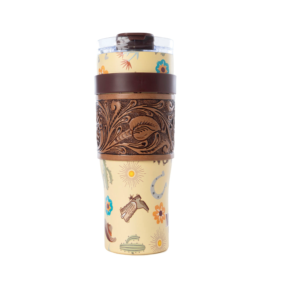 Trailkissed Western Tumbler in Yellow Stainless Steel with Leather Wrap and Handle for Everyday Use