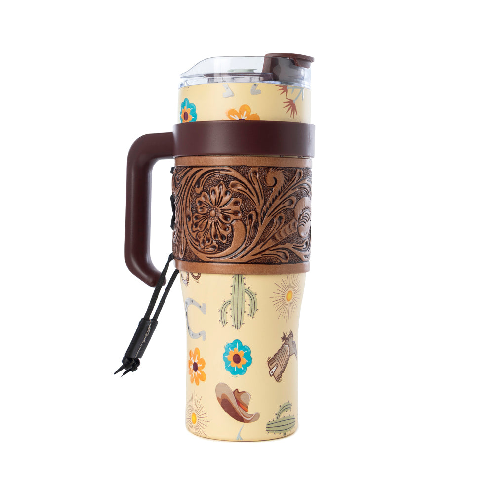Trailkissed Western Tumbler in Yellow Stainless Steel with Leather Wrap and Handle for Everyday Use