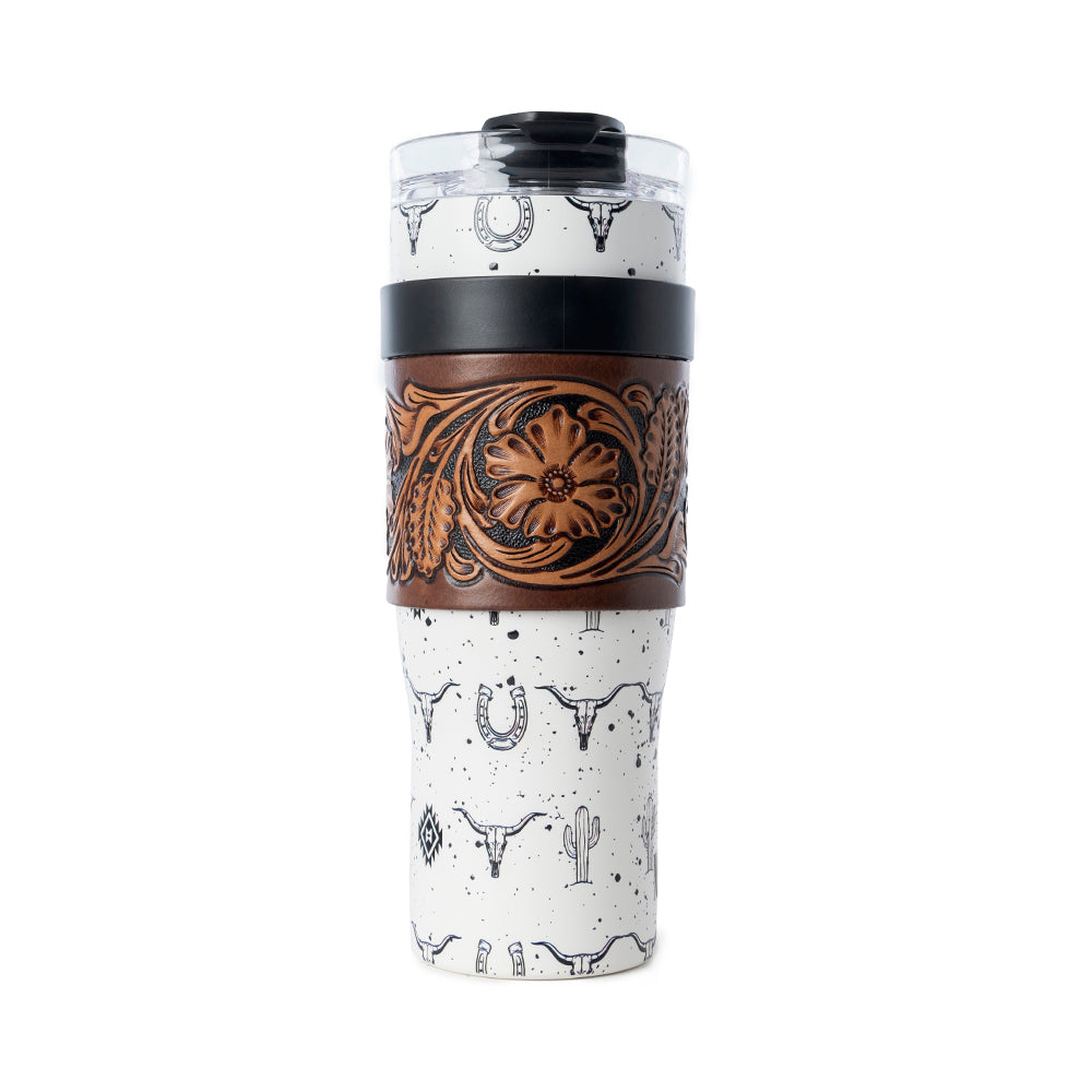 Westmark Tooled Western Tumbler in White Stainless Steel with Leather Wrap and Handle for Use