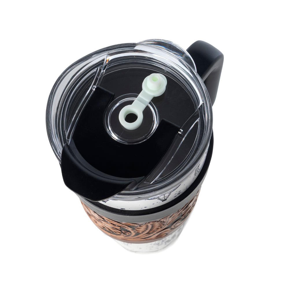 Westmark Tooled Western Tumbler in White Stainless Steel with Leather Wrap and Handle for Use