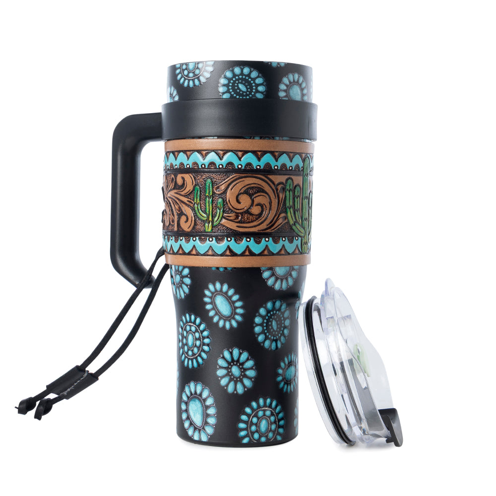 Concho Crest Western Tooled Tumbler in Black Stainless Steel with Leather Wrap and Handle