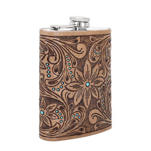 Mountain Trail Flask in tan with hand tooled leather and turquoise, 8 oz