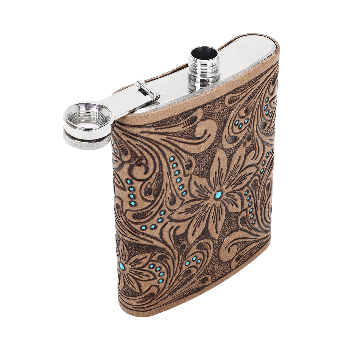 Mountain Trail Flask in tan with hand tooled leather and turquoise, 8 oz