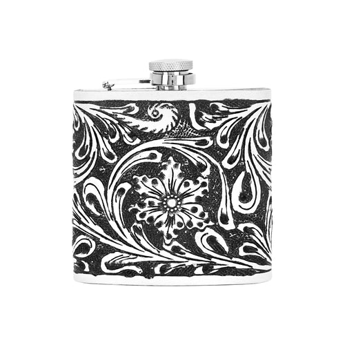 Mountain Trail Flask in brown and white with hand tooled leather, 6 oz