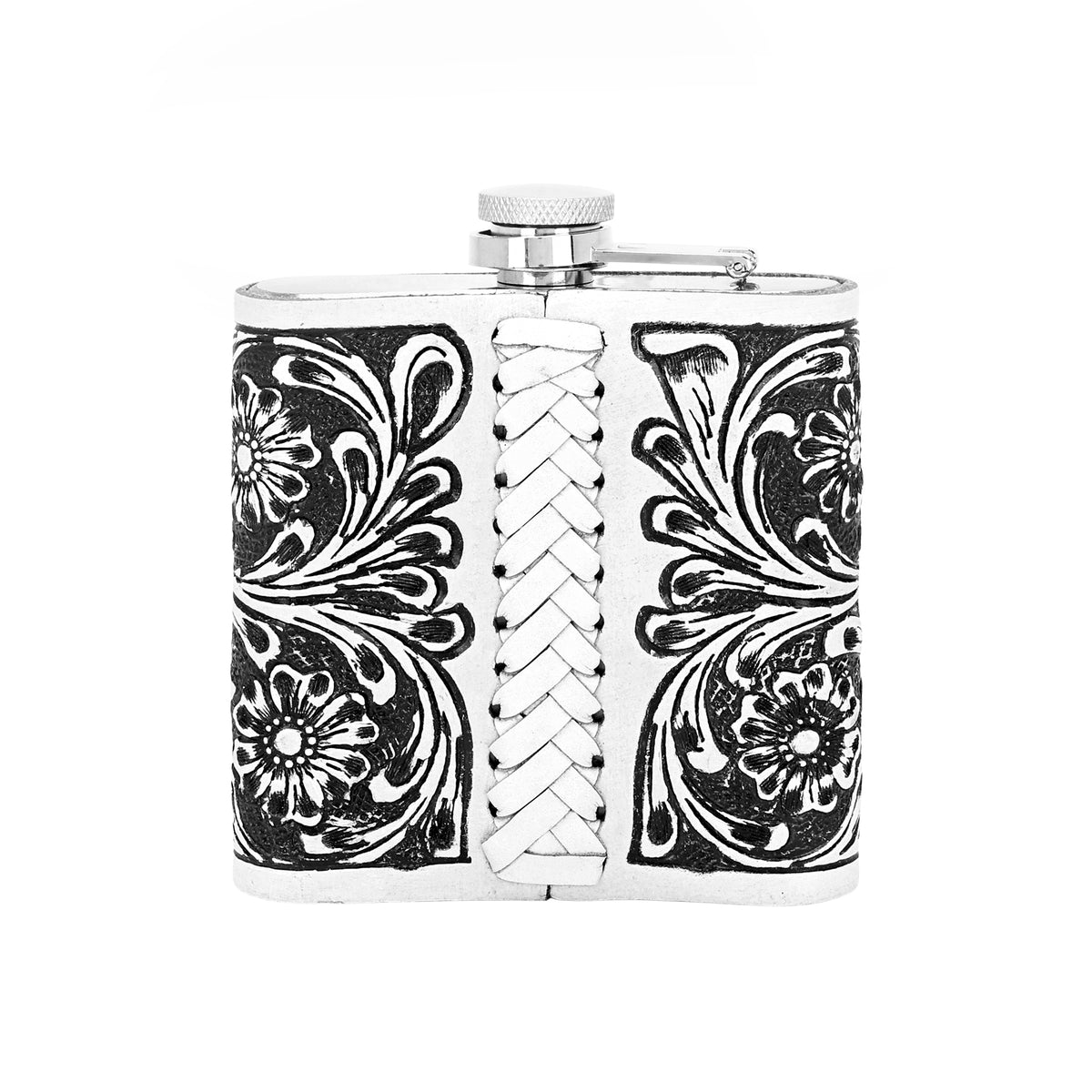 Mountain Trail Flask in brown and white with hand tooled leather, 6 oz