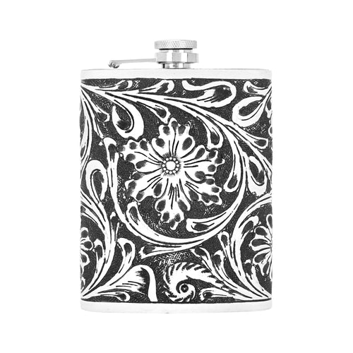 Mountain Trail Flask in brown and white with hand tooled leather, 8 oz