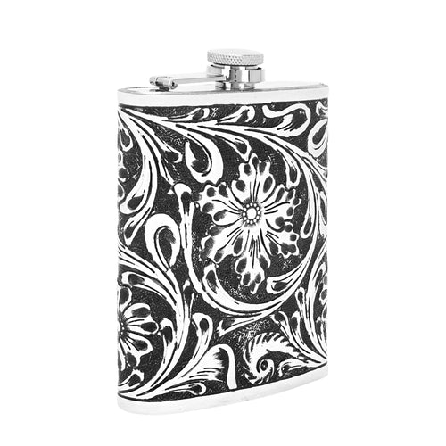Mountain Trail Flask in brown and white with hand tooled leather, 8 oz