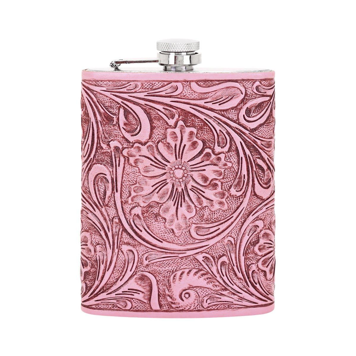 Mountain Trail Flask in pink with hand tooled leather, 8 oz