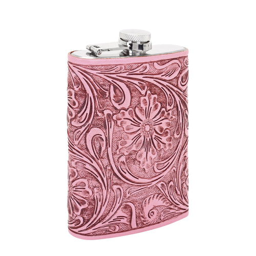Mountain Trail Flask in pink with hand tooled leather, 8 oz