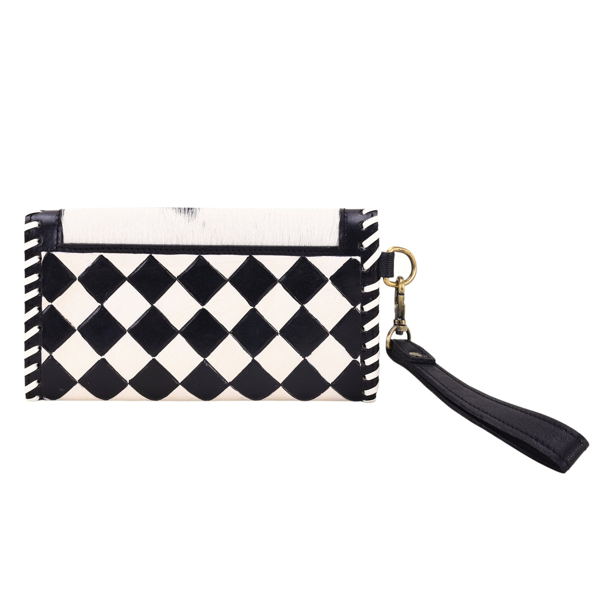 Queenside Wallet for Women in black and white with hair on and whipstitch