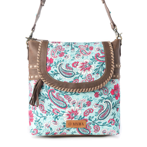 Lagoon Lily upcycled canvas Bag for Women in blue with leather and weaved flap