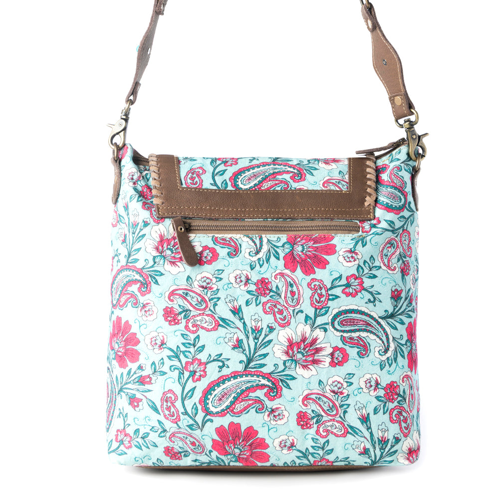 Lagoon Lily upcycled canvas Bag for Women in blue with leather and weaved flap