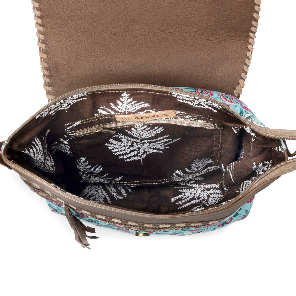 Lagoon Lily upcycled canvas Bag for Women in blue with leather and weaved flap