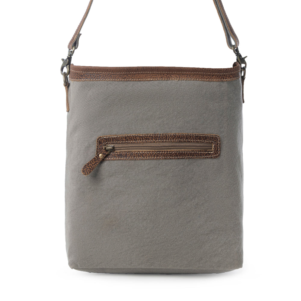 Sagebrook Jacquard upcycled canvas Bag for Women in sage with leather detail