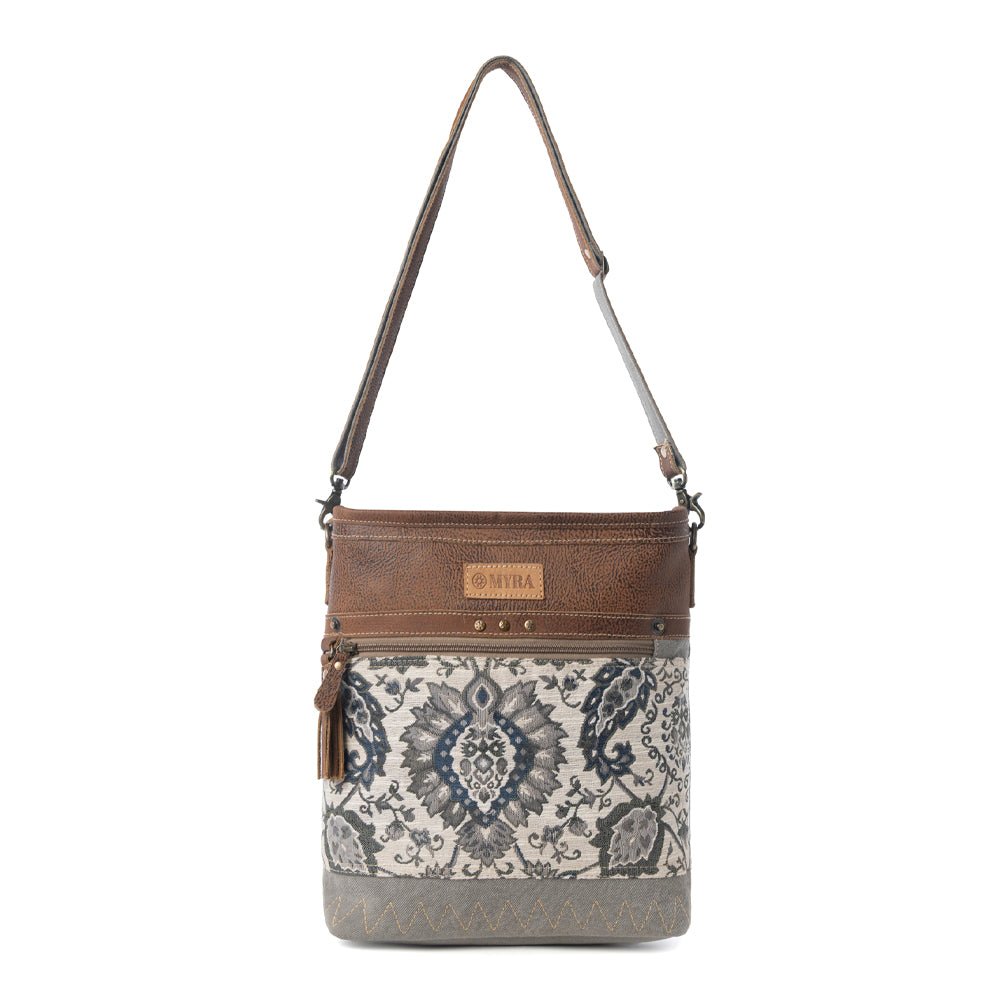 Sagebrook Jacquard upcycled canvas Bag for Women in sage with leather detail