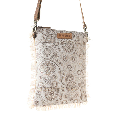 Loom Tapestry upcycled canvas crossbody Bag for Women in sage with fringe detail