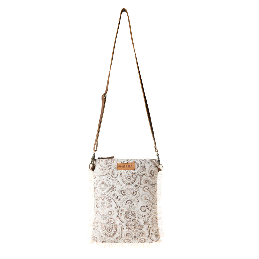 Loom Tapestry upcycled canvas crossbody Bag for Women in sage with fringe detail