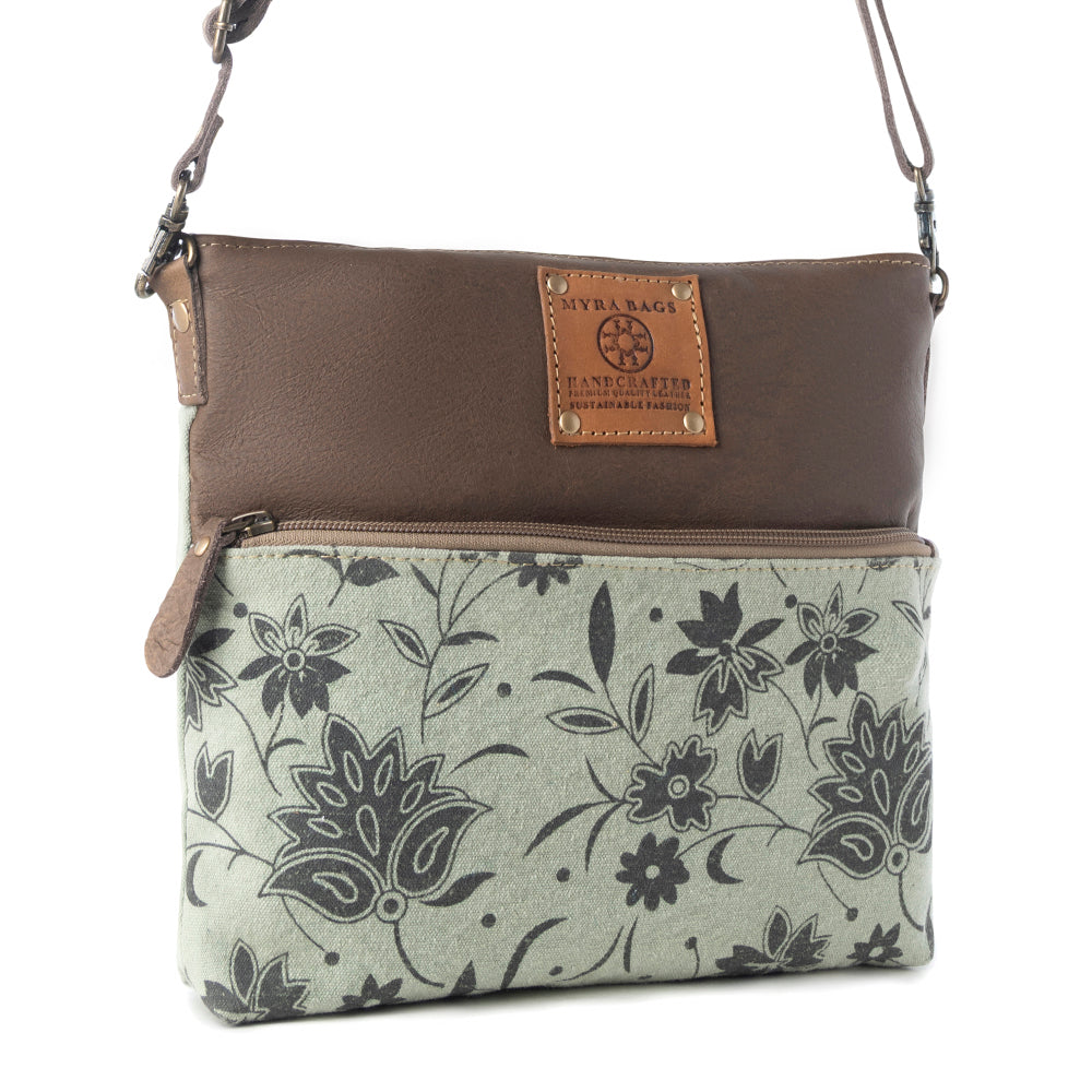 Wildprint Trail upcycled canvas crossbody Bag for Women in sage with floral detail