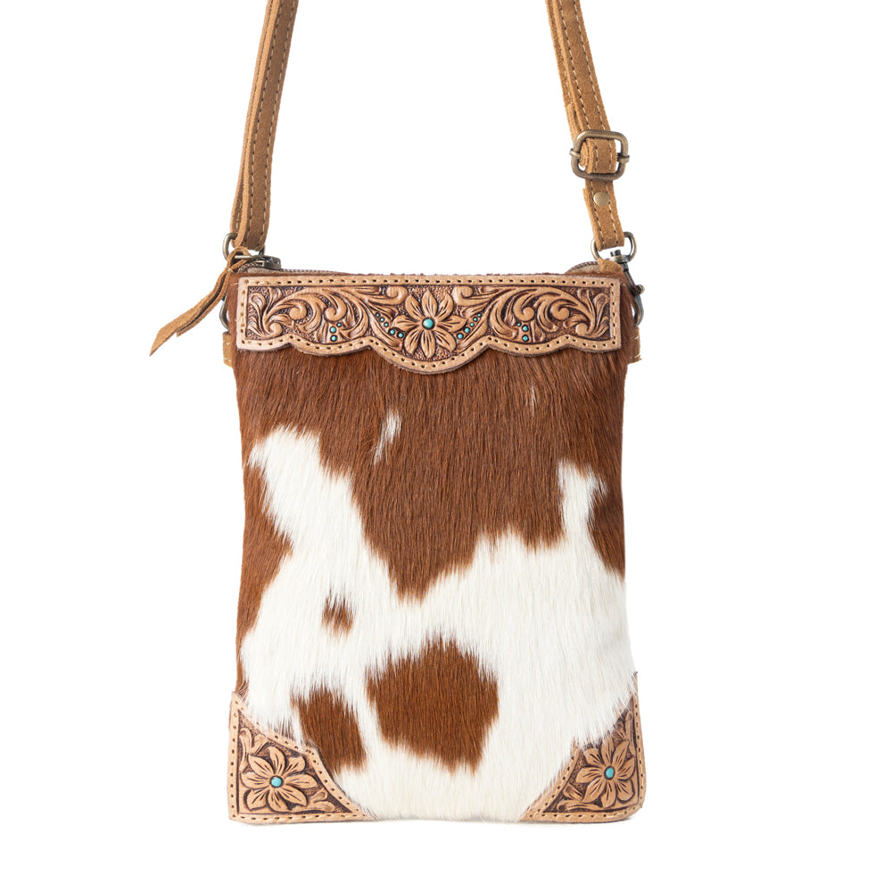 Calico Hairon Crossbody Bag for Women in brown with hairon and handtooled detail