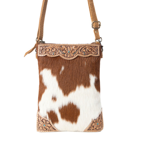 Calico Hairon Crossbody Bag for Women in brown with hairon and handtooled detail