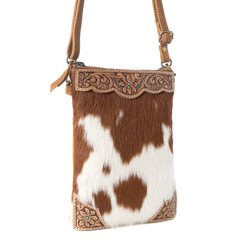 Calico Hairon Crossbody Bag for Women in brown with hairon and handtooled detail