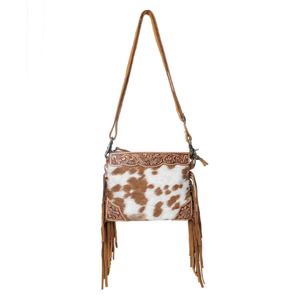 Bourbon Trail Handtooled Bag for Women in brown with hairon and fringe detail
