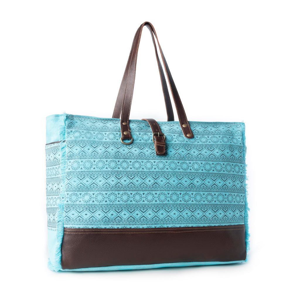 Aztec Sky Western Weekender Bag for Women in turquoise with print detail