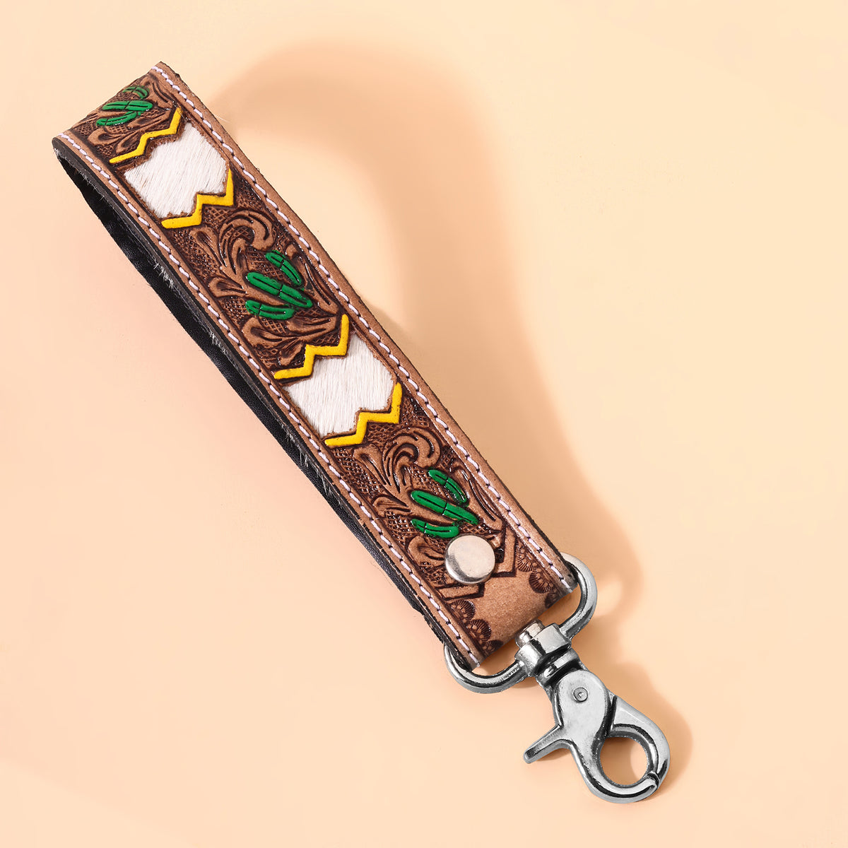 Soaring Bloom Handtooled Leather Keyfob in cactus green